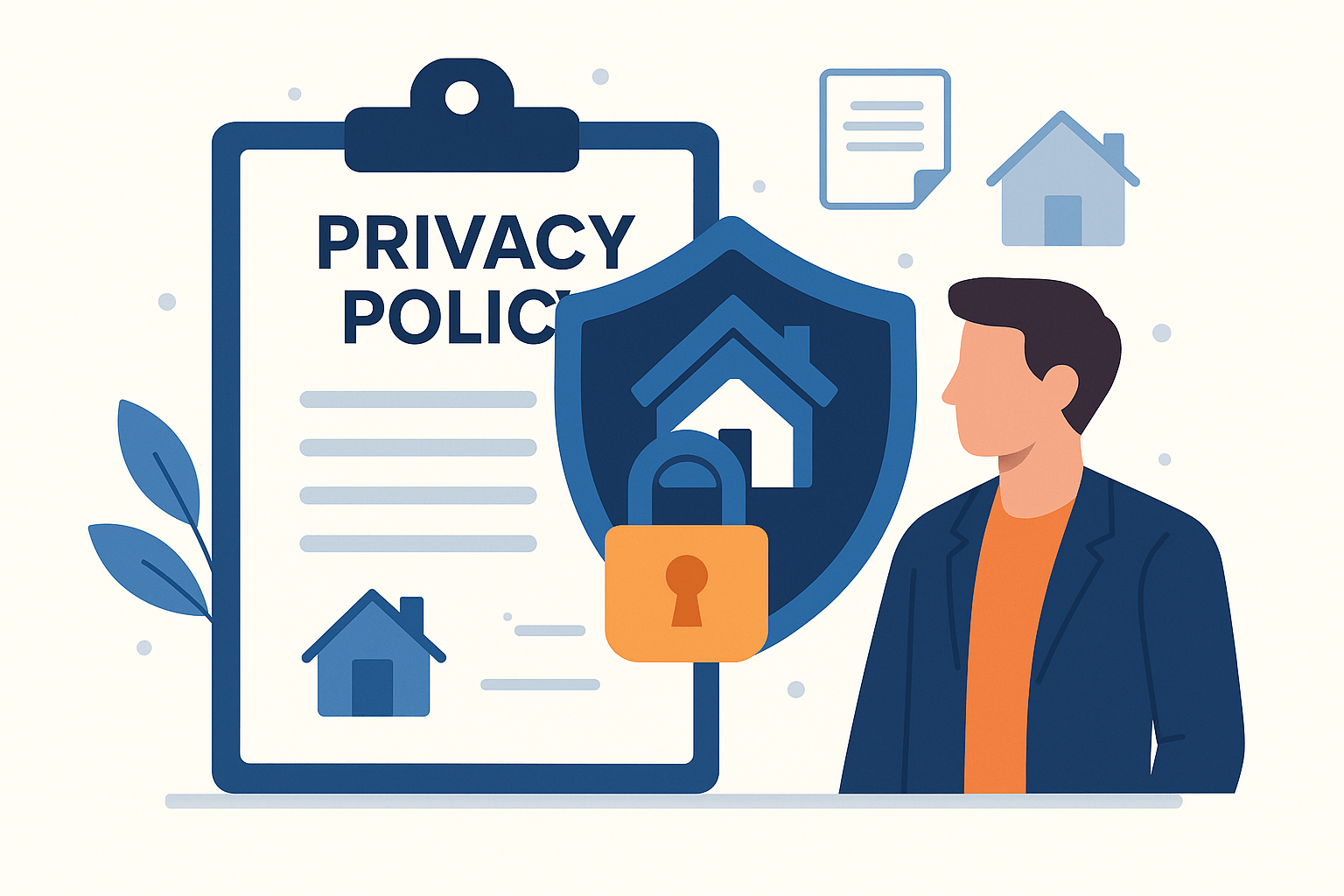 Illustration showing a clipboard labeled 'Privacy Policy' with document icons and a large shield featuring a house and padlock symbol, alongside a professionally dressed man—conveying data security and privacy in a real estate context.