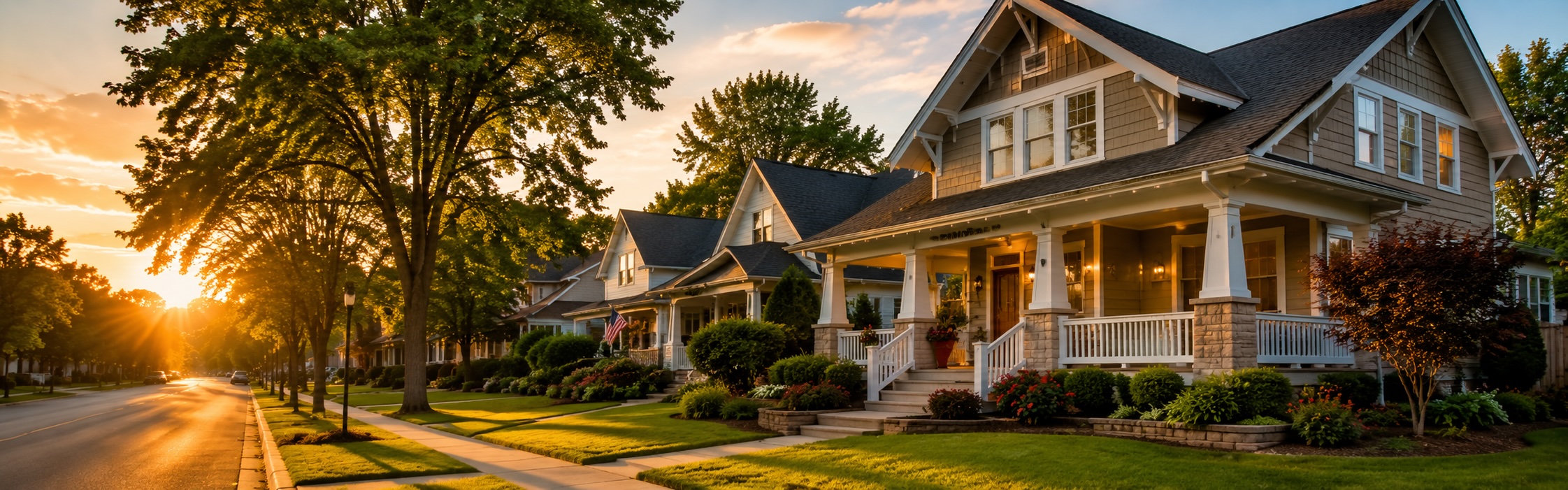 Tree-lined street with homes at sunset in Southeast Wisconsin