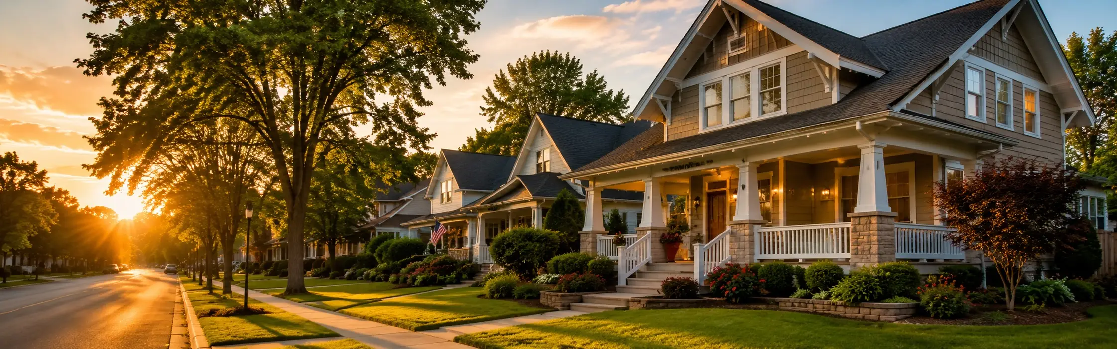 Tree-lined street with homes at sunset in Southeast Wisconsin
