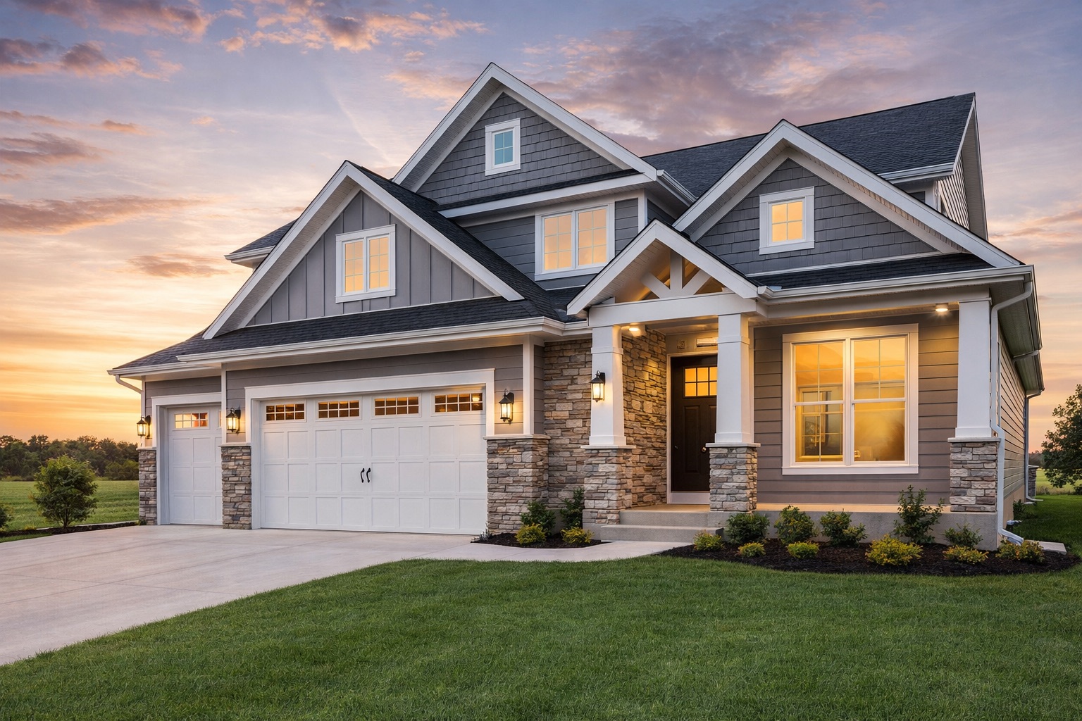 Mortgage Calculator 1 Two-story Southeast Wisconsin home exterior at dusk with warmly lit windows