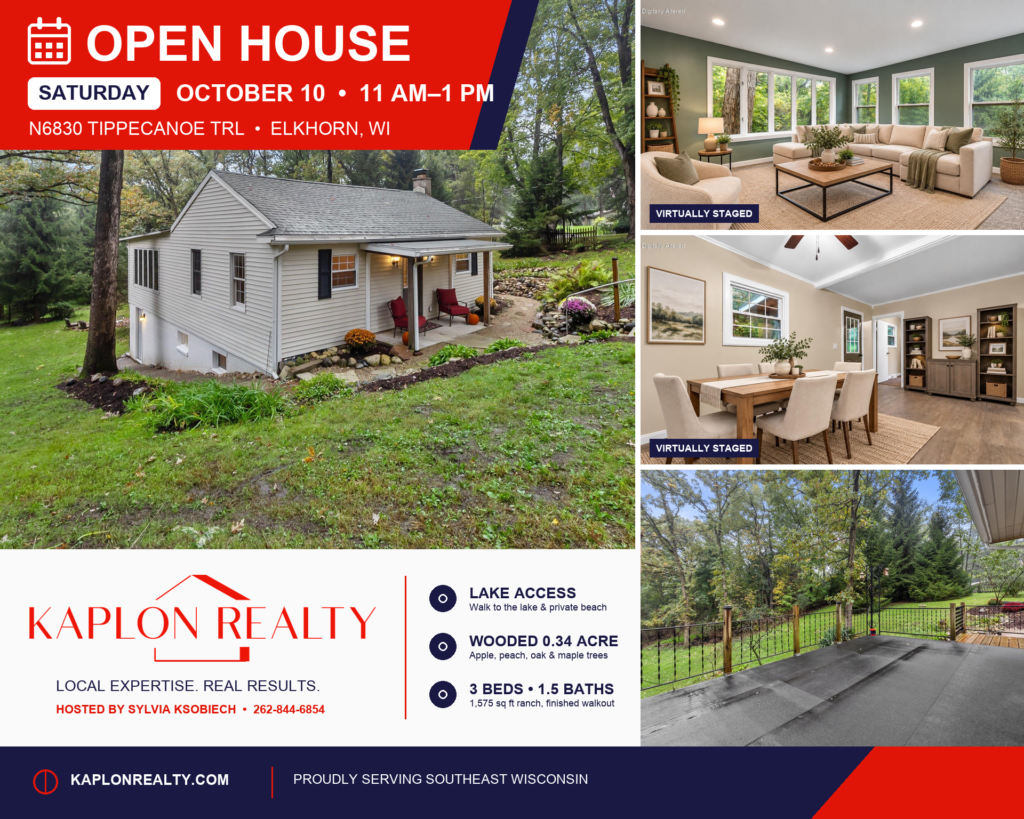 Open house at N6830 Tippecanoe Trl, Elkhorn, WI, Saturday, October 10, 11 AM to 1 PM. Ranch home in the woods with lake access, 3 beds, 1.5 baths. Living and dining room photos are virtually staged.